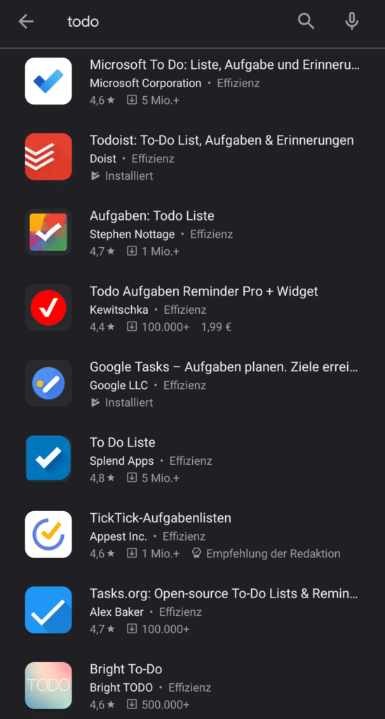 Todo-Apps im Google Play Store